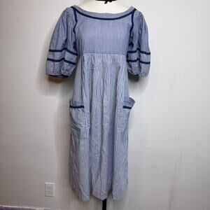 Vintage JODY CALIFORNIA Blue Striped Maxi Cottage Prarie Puff Sleeve Dress 70s M